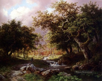Un paisaje boscoso con figuras a lo largo de un arroyo Bosque de bosques holandés Barend Cornelis Koekkoek Pinturas al óleo
